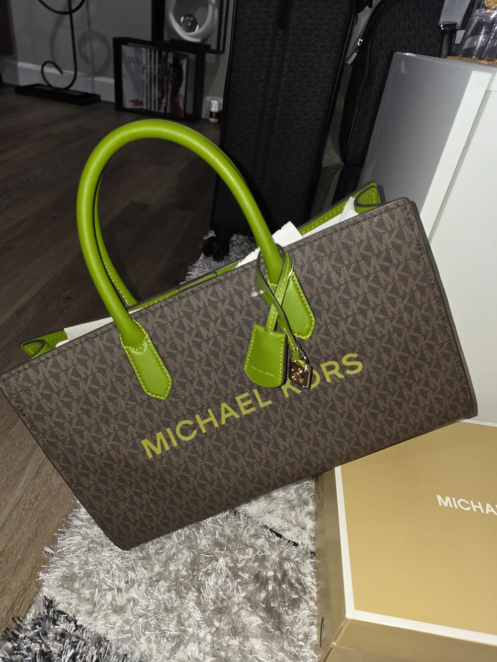 Michael Kors Brown MK Logo Tote with Lime Green Accents